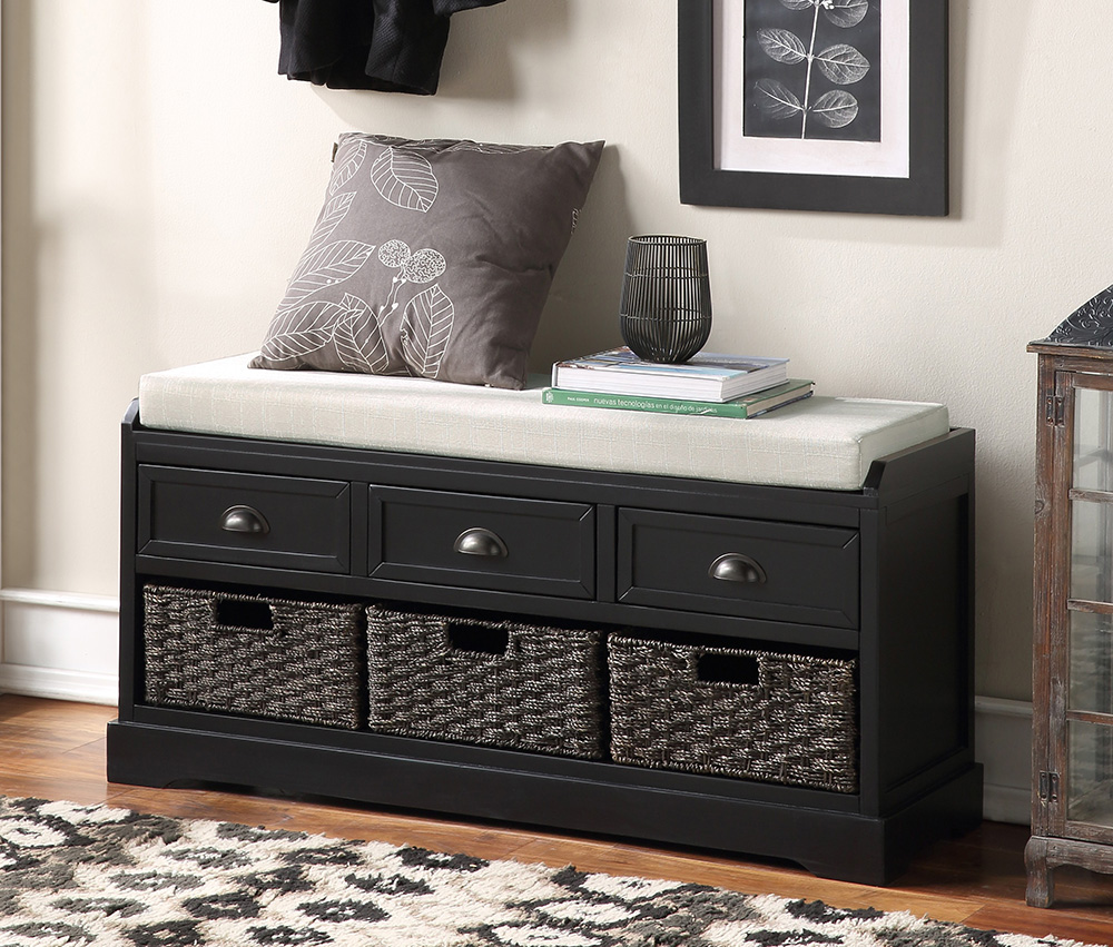 U-STYLE 44" Storage Bench with 3 Drawers, 3 Baskets, and Wooden Frame, for Entrance, Hallway, Bedroom, Living Room - Black