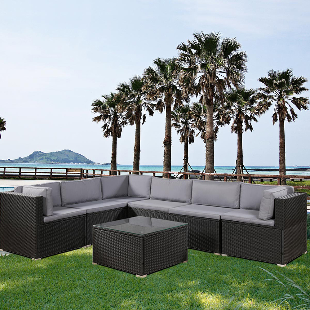 TOPMAX 7 Pieces Outdoor Furniture Set, Including 3 Corner Chairs, 3 Middle Chairs, and 1 Coffee Table, for Garden, Terrace, Porch, Poolside - Black
