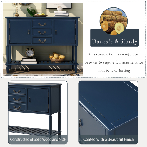 U-STYLE 45'' Modern Style Wooden Console Table with 3 Storage Drawers, 2 Cabinets and Bottom Shelf, for Entrance, Hallway, Dining Room, Kitchen - Navy