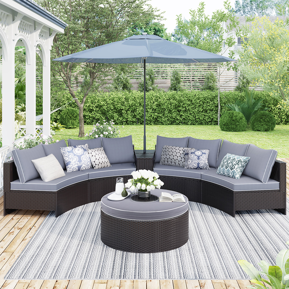 TOPMAX 6 Pieces Outdoor Rattan Furniture Set, Including 4 Loveseats, Storage Side Table, Multifunctional Round Table, 8 Pillows, and 5 Cushions, for Garden, Terrace, Porch, Poolside - Brown + Gray
