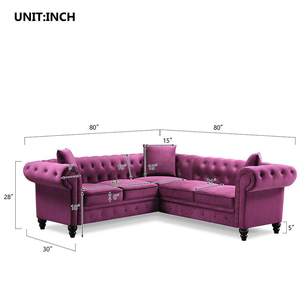 80" 5-Seat Velvet Tufted Upholstered L-shaped Sofa with 3 Pillows, and Wooden Frame, for Living Room, Bedroom, Office, Apartment - Purple