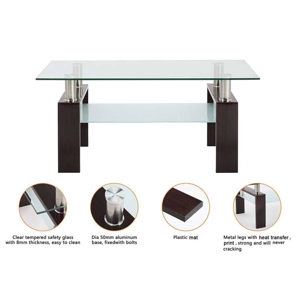 39.4" Rectangle Glass Coffee Table, with Storage Shelf, for Kitchen, Restaurant, Office, Living Room, Cafe - Walnut