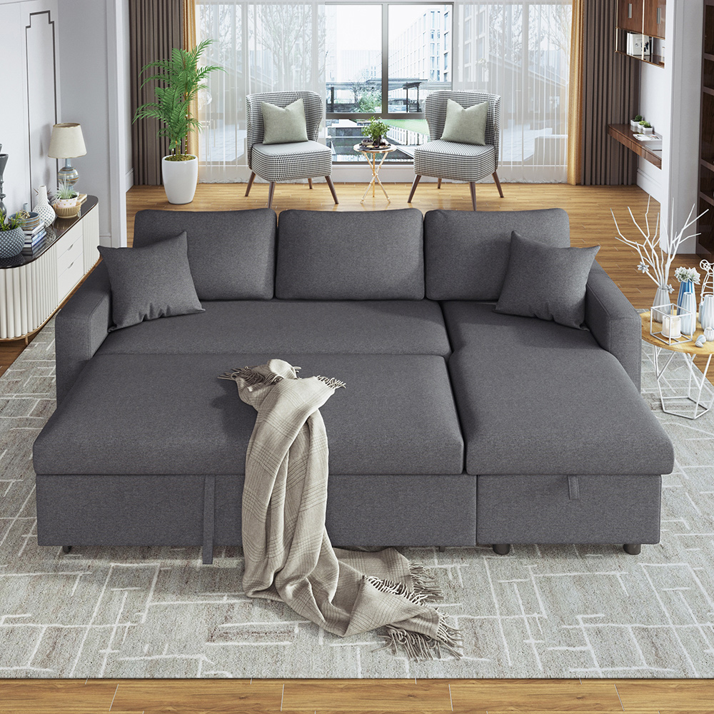 U-STYLE 87.4'' 3-Seat Upholstered Sectional Sofa Bed with Storage Chaise, Wooden Frame, and Plastic Legs, for Living Room, Bedroom, Office, Apartment - Gray
