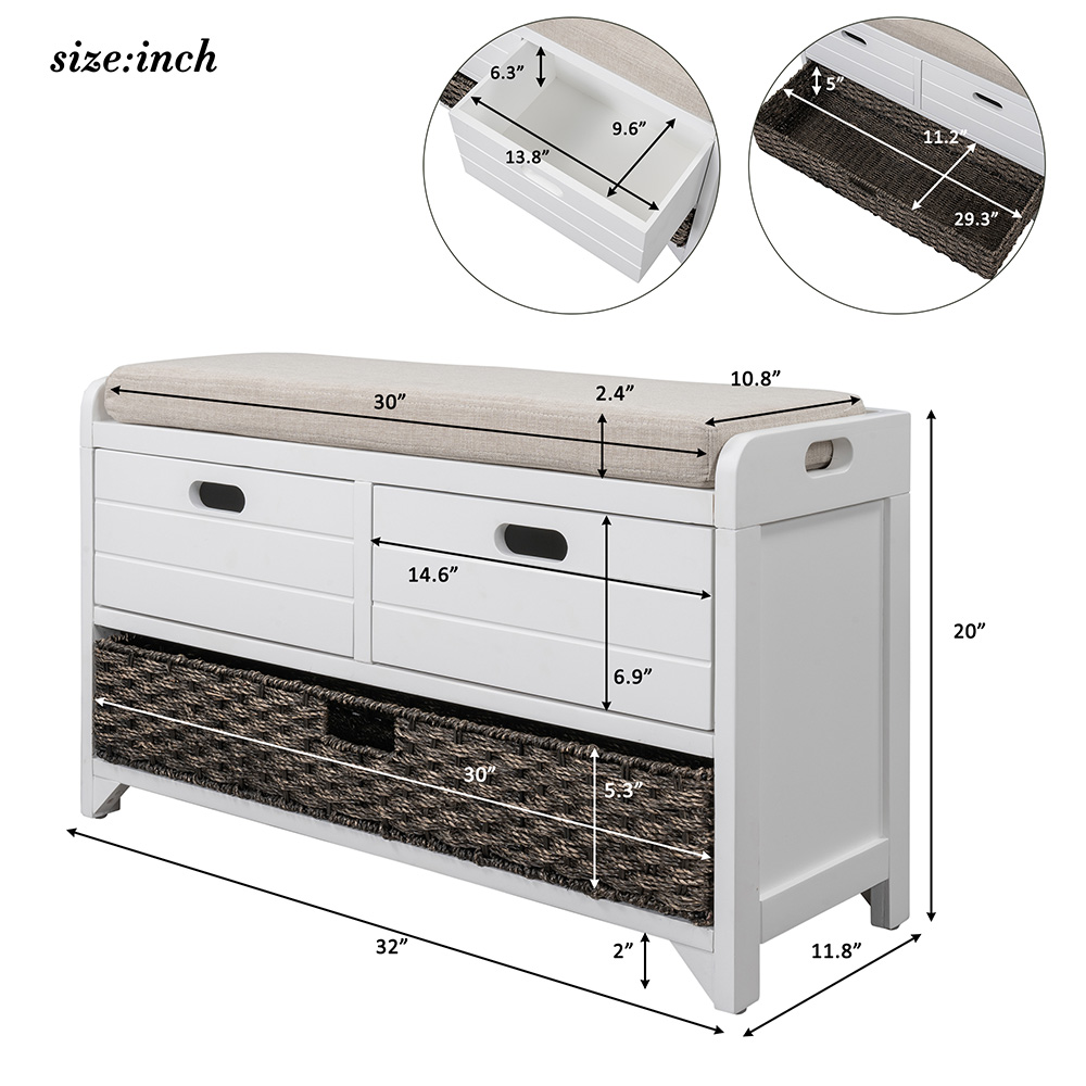 TREXM 32" Linen Blend Storage Bench with Removable Basket and 2 Drawers, for Entrance, Hallway, Bedroom - White