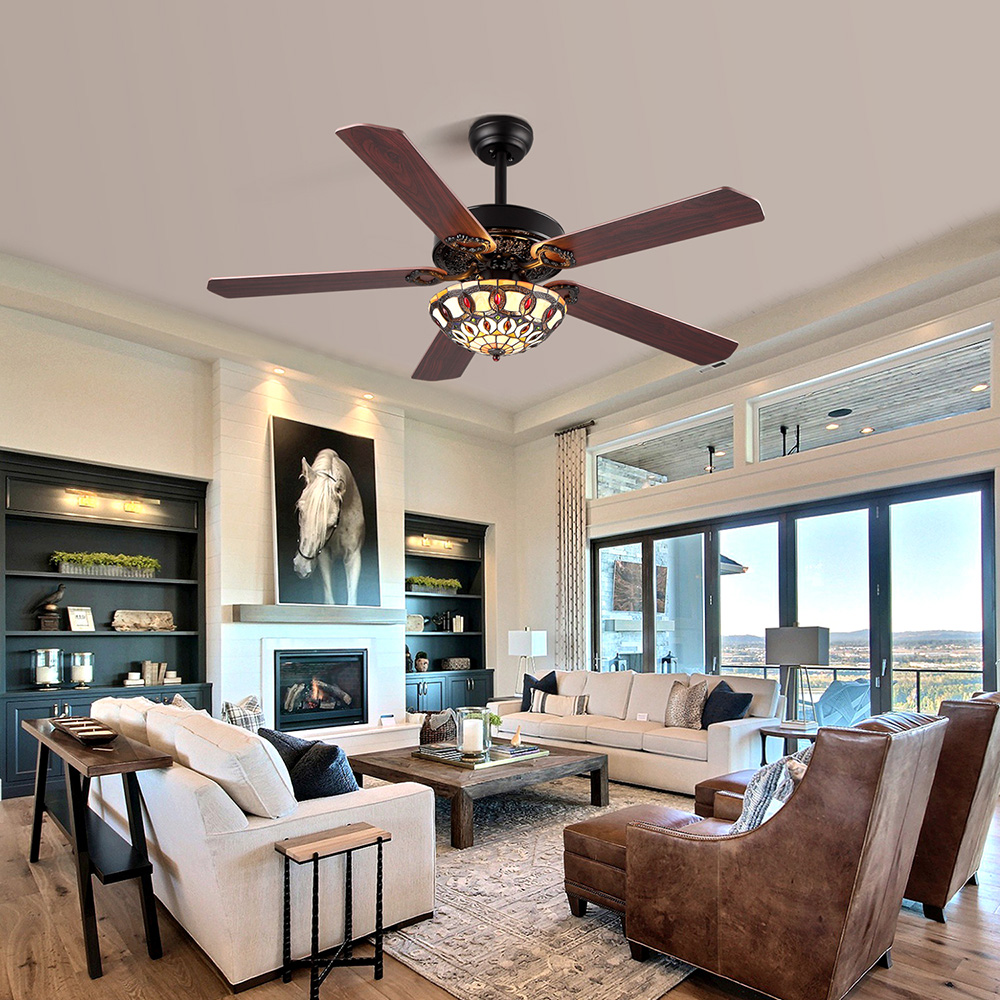 52" Metal Ceiling Fan Lamp with 5 Wood Blades, and Remote Control, for Living Room, Bedroom, Corridor, Dining Room - Black