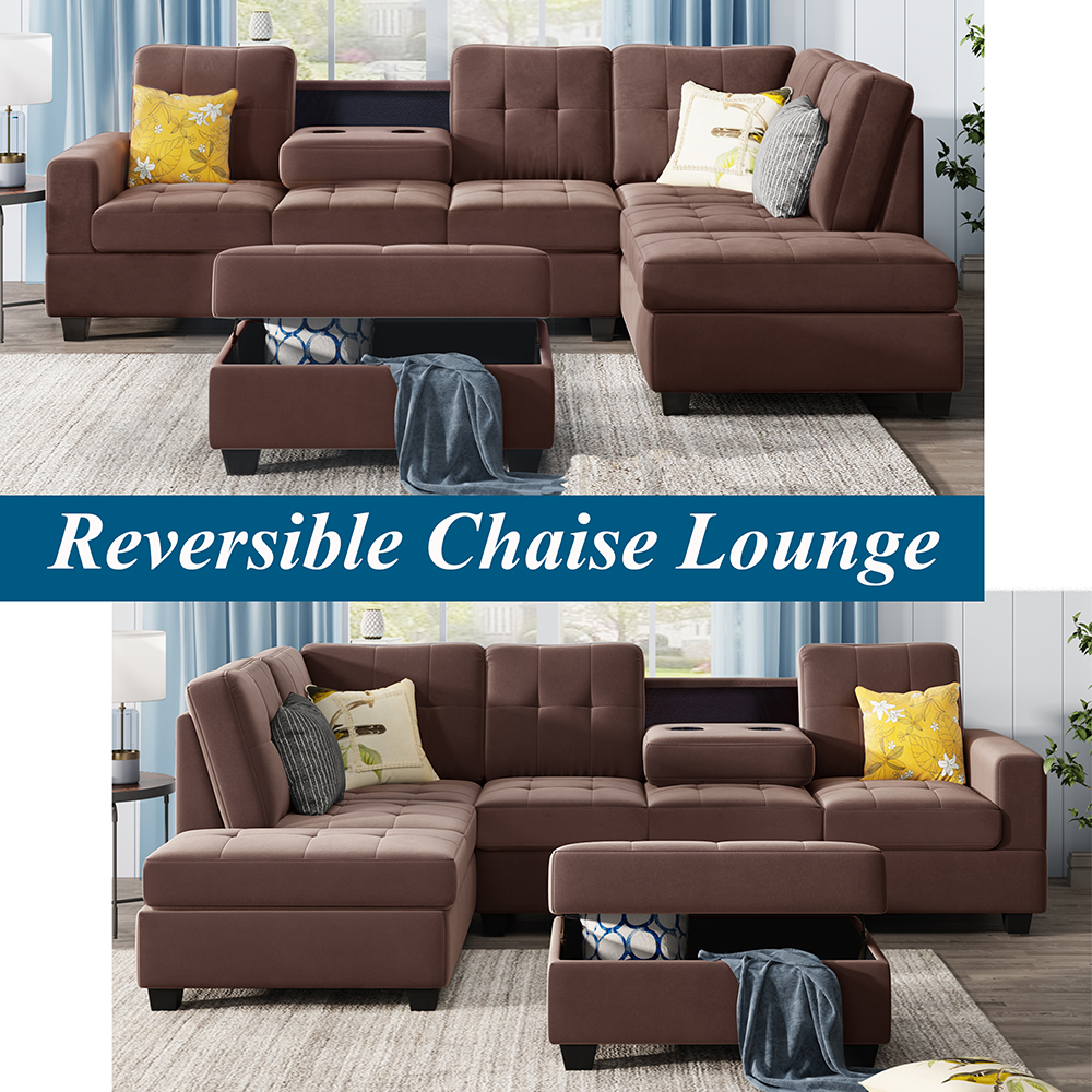 Orisfur 104" Suede Upholstered Sectional Sofa with Chaise, Ottoman, Wooden Frame, and Cup Holders, for Living Room, Bedroom, Office, Apartment - Brown
