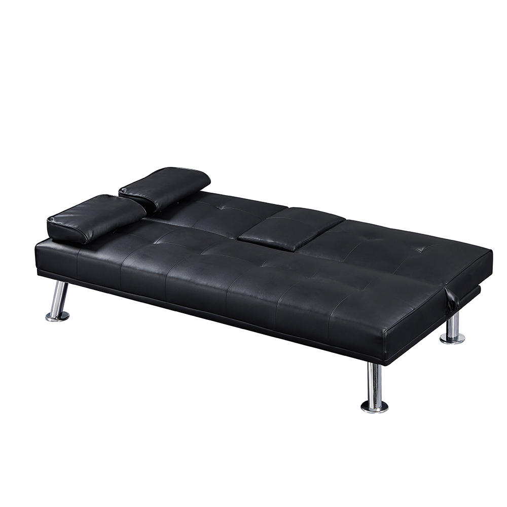 65.75" PU Leather Convertible Sofa Bed Set with 29.5" Sofa Bed, Ottoman,  Removable Armrest, 2 Cup Holders and Metal Legs, for Living Room, Bedroom, Office, Apartment - Black