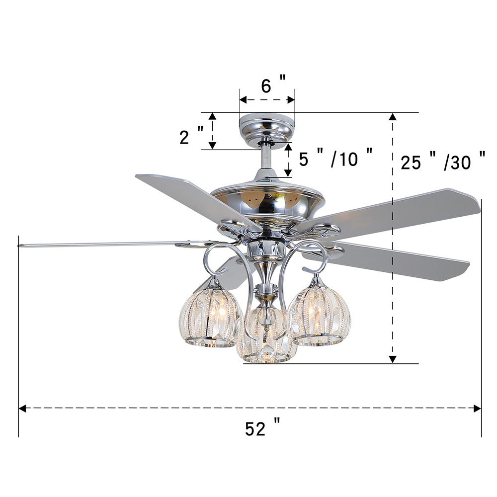52" Metal Ceiling Fan Lamp with 5 Plywood Blades, and Remote Control, for Living Room, Bedroom, Corridor, Dining Room - Chrome