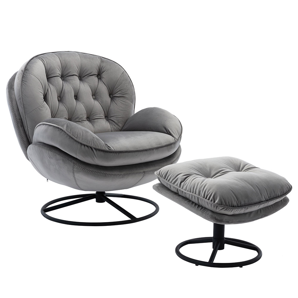 Modern Style Velvet Sofa Chair with Ottoman, and Metal Frame, for Living Room, Bedroom, Dining Room, Office - Gray