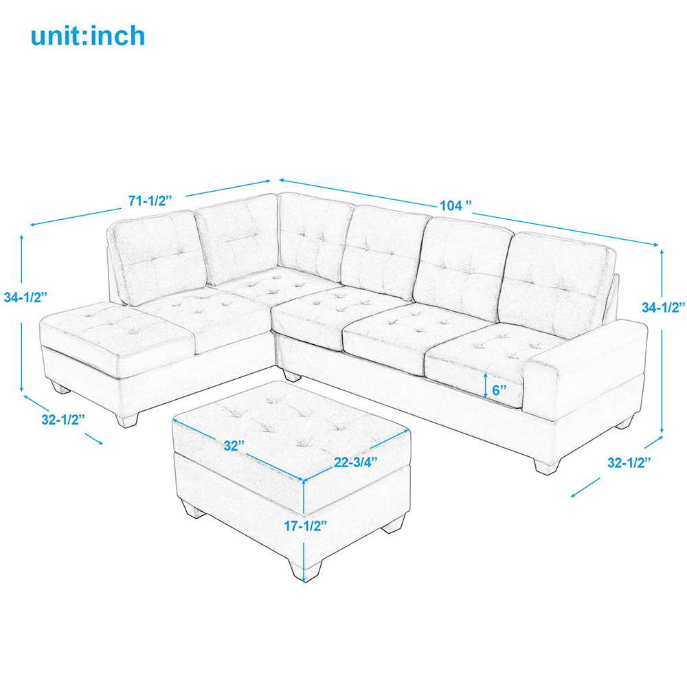 Orisfur 104" Suede Upholstered Sectional Sofa with Chaise, Ottoman, Wooden Frame, and Cup Holders, for Living Room, Bedroom, Office, Apartment - Gray