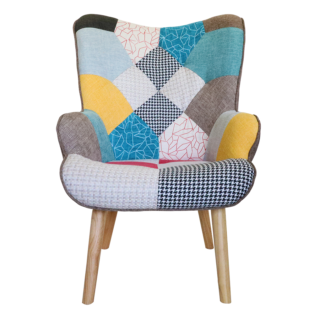 Linen Fabric Patchwork Armchair with Ottoman, and Wooden Frame, for Living Room, Bedroom, Bathroom - Colorful