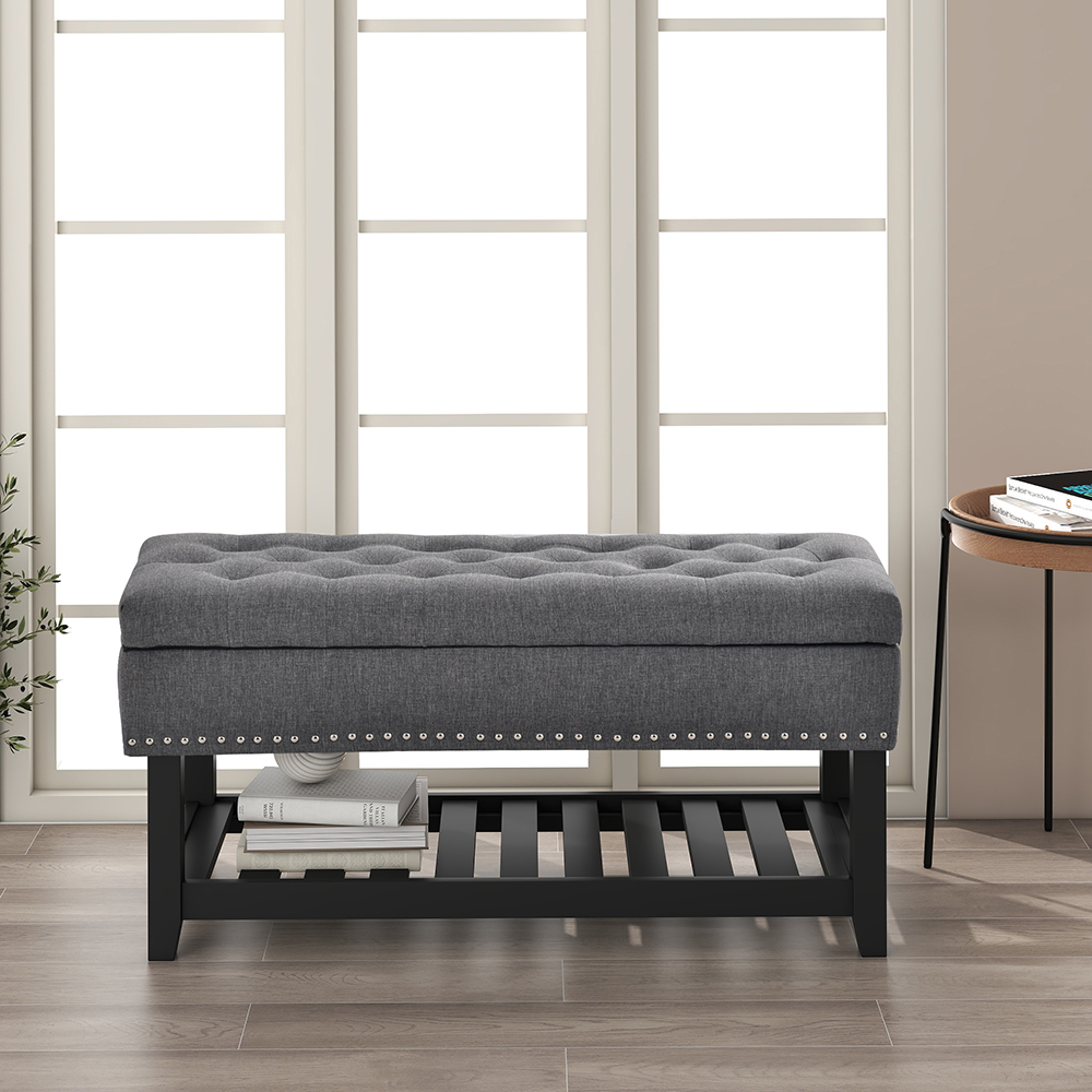 U-STYLE 41.3" Upholstered Storage Bench with Rubber Wood Legs, and Bottom Shelf, for Entrance, Hallway, Bedroom - Gray