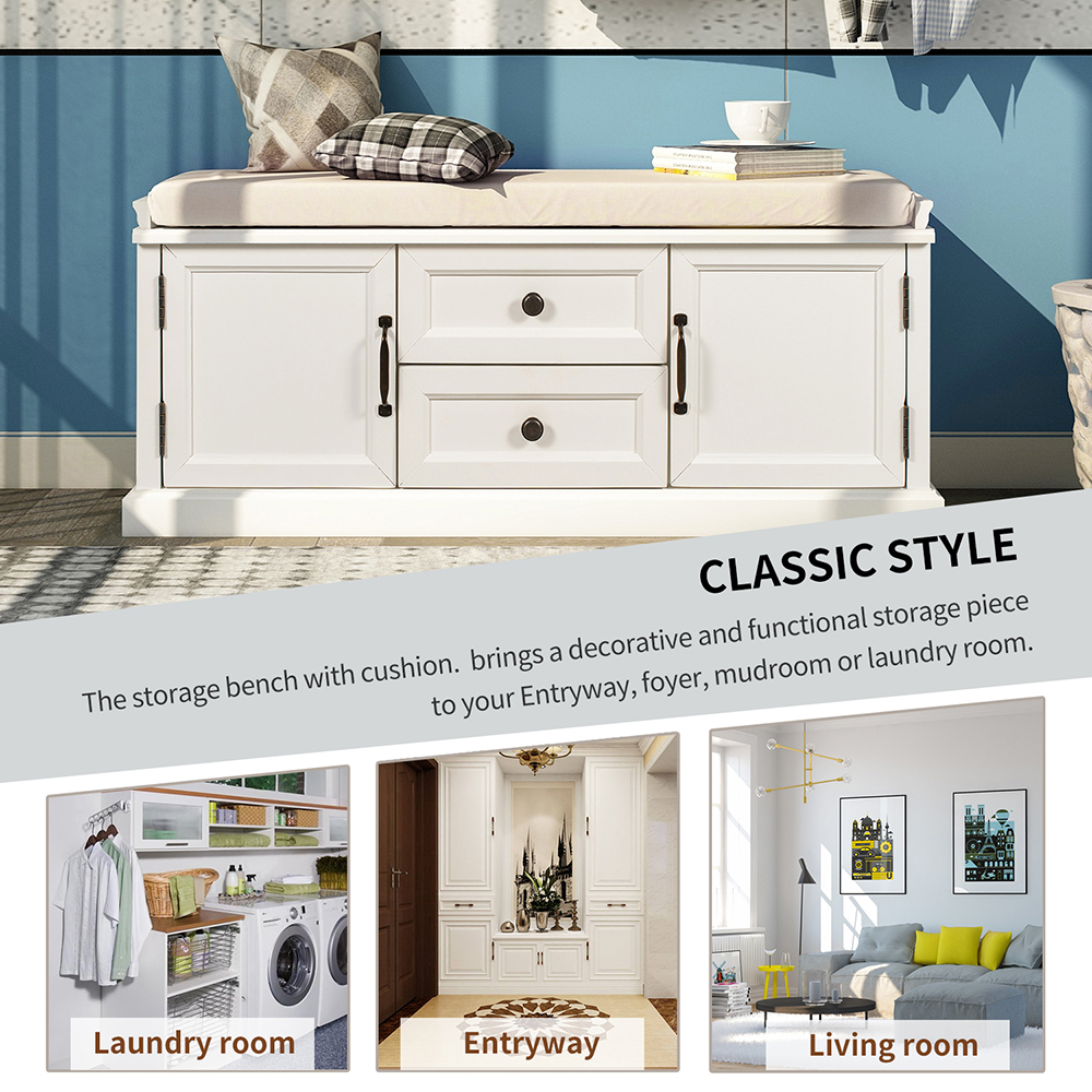 TREXM 42.9" Upholstered Storage Bench with 2 Drawers, and 2 Cabinets, for Entrance, Hallway, Bedroom, Living Room - White
