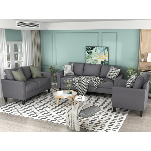 U-STYLE 3 Pieces Polyester Blend Upholstered Sofa Set, Including 1 Loveseat, 1 3-Seat Sofa, and 1 Armchair, for Living Room, Bedroom, Office, Apartment - Gray