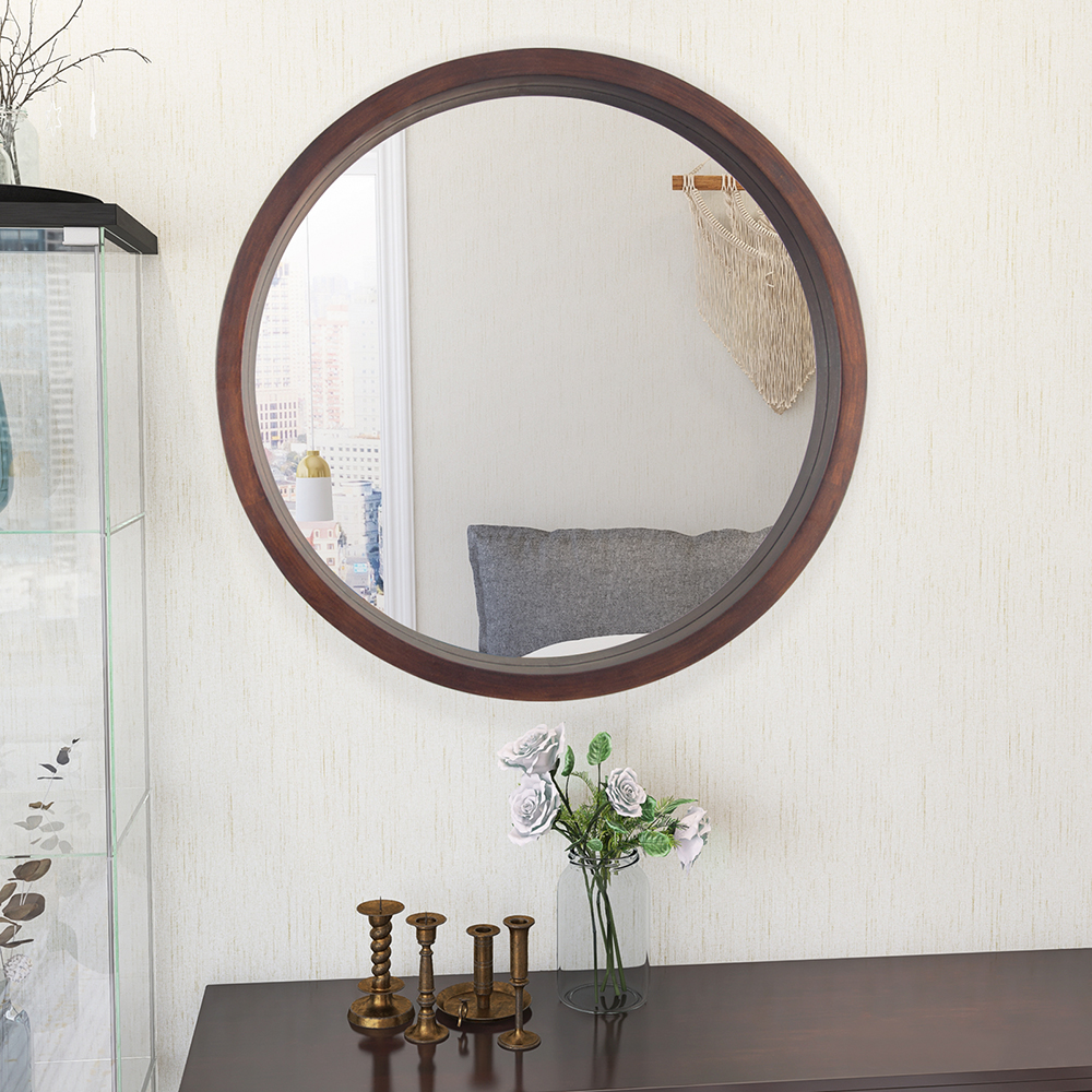 24" Round Wall-mounted Mirror with Wood Frame, for Bathroom, Bedroom, Entrance, Powder Room - Brown