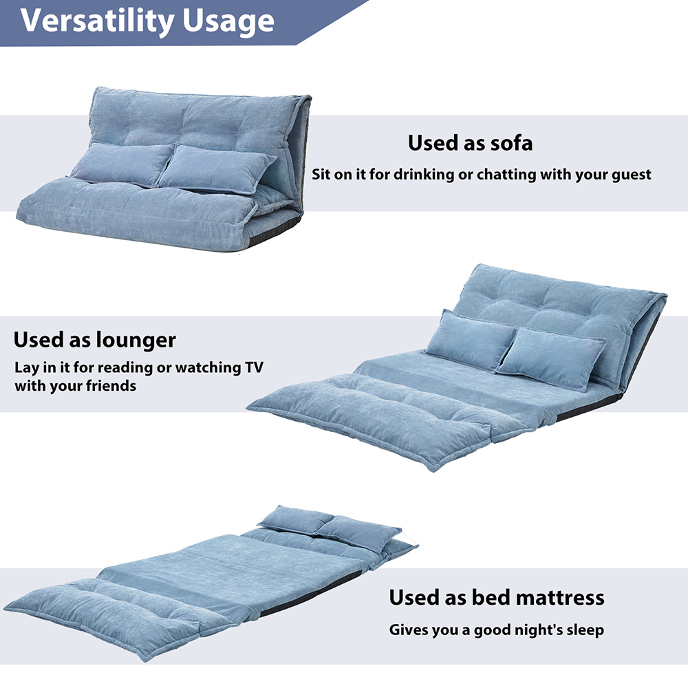 Orisfur 43.3" Polyester Fabric Folding Lazy Sofa Bed with 2 Pillows, and Metal Frame, for Living Room, Bedroom, Office, Apartment - Blue