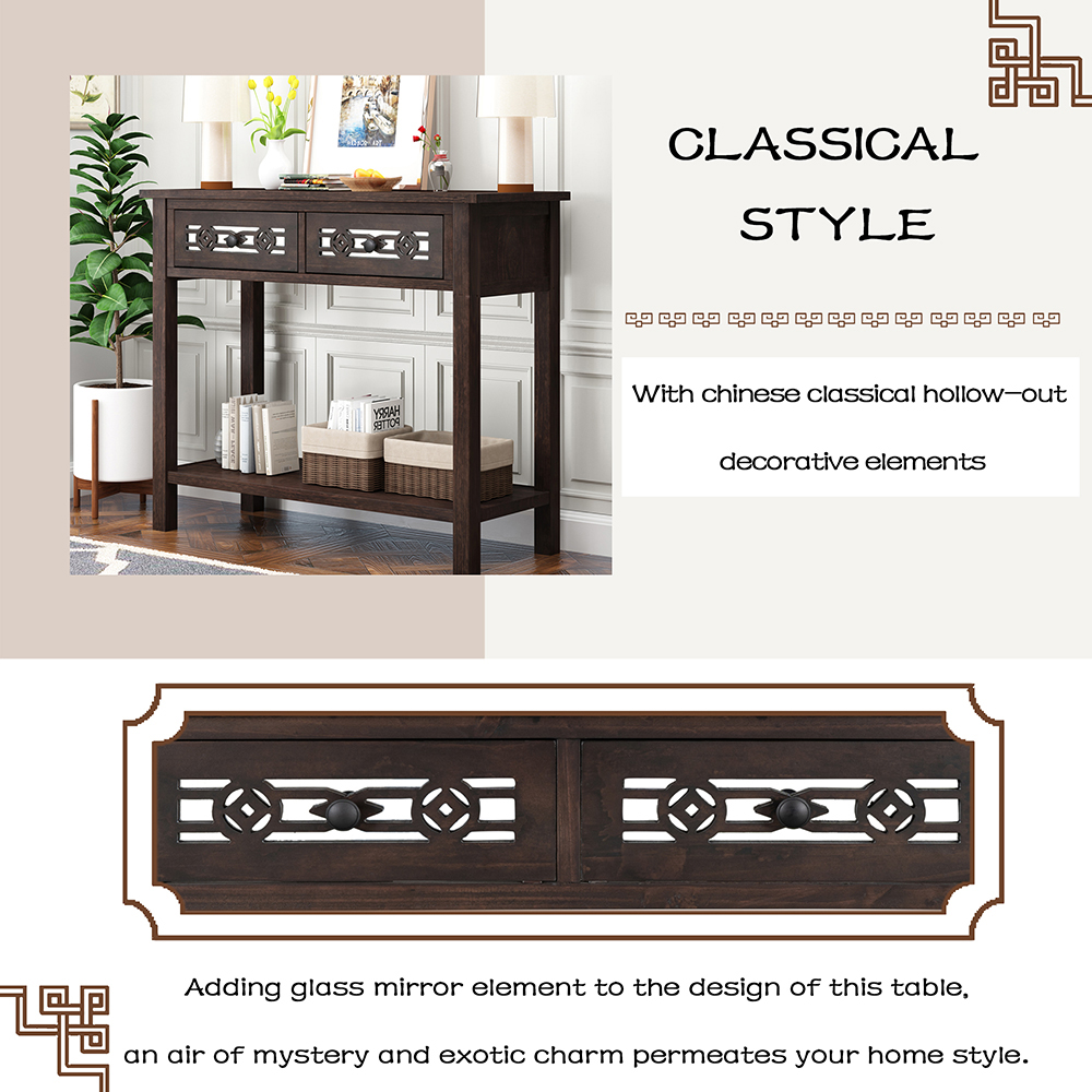 TREXM 35.4" Wooden Console Table with 2 Storage Drawers, and Bottom Shelf, for Entrance, Hallway, Dining Room, Kitchen - Espresso