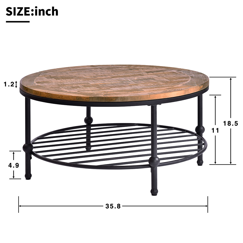 35.8" Round Wooden Coffee Table, with Storage Shelf, and Metal Frame, for Kitchen, Restaurant, Office, Living Room, Cafe - Brown