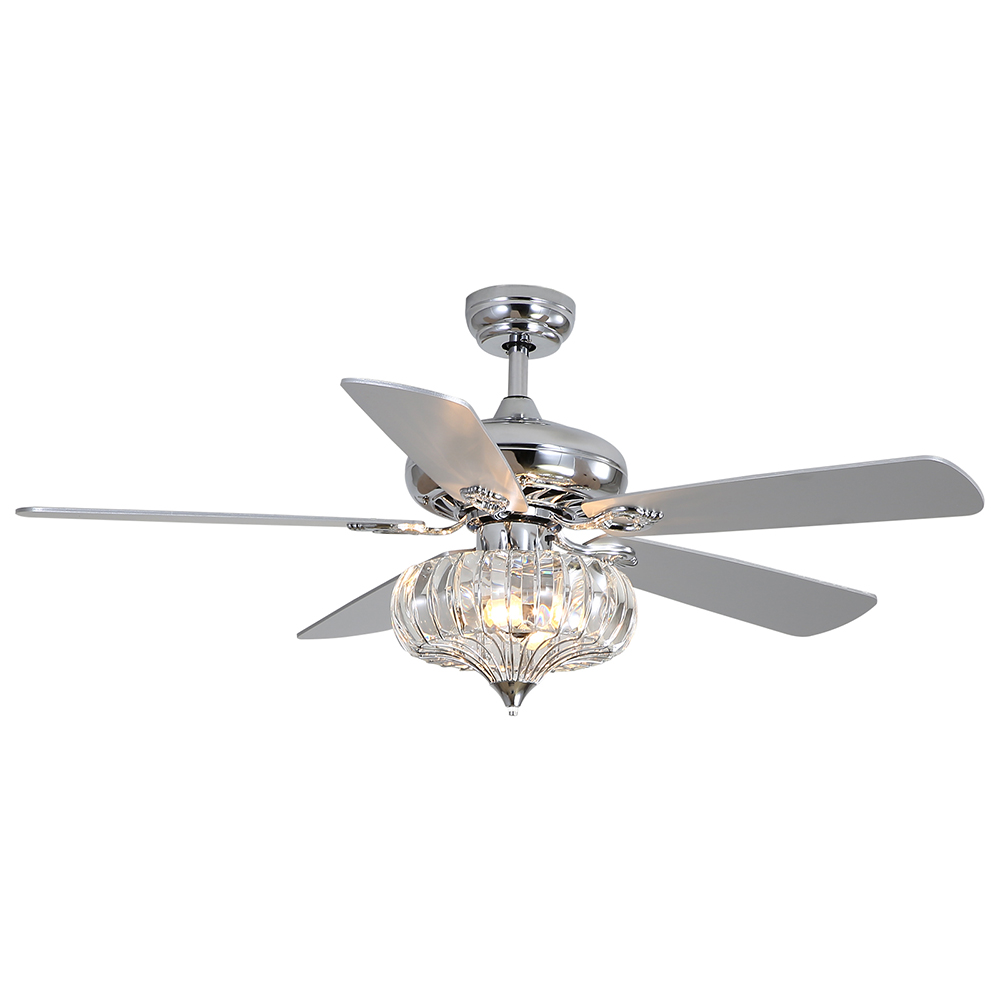 52" Metal Crystal Ceiling Fan Lamp with 5 Reversible Blades, and Remote Control, for Living Room, Bedroom, Corridor, Dining Room - Chrome
