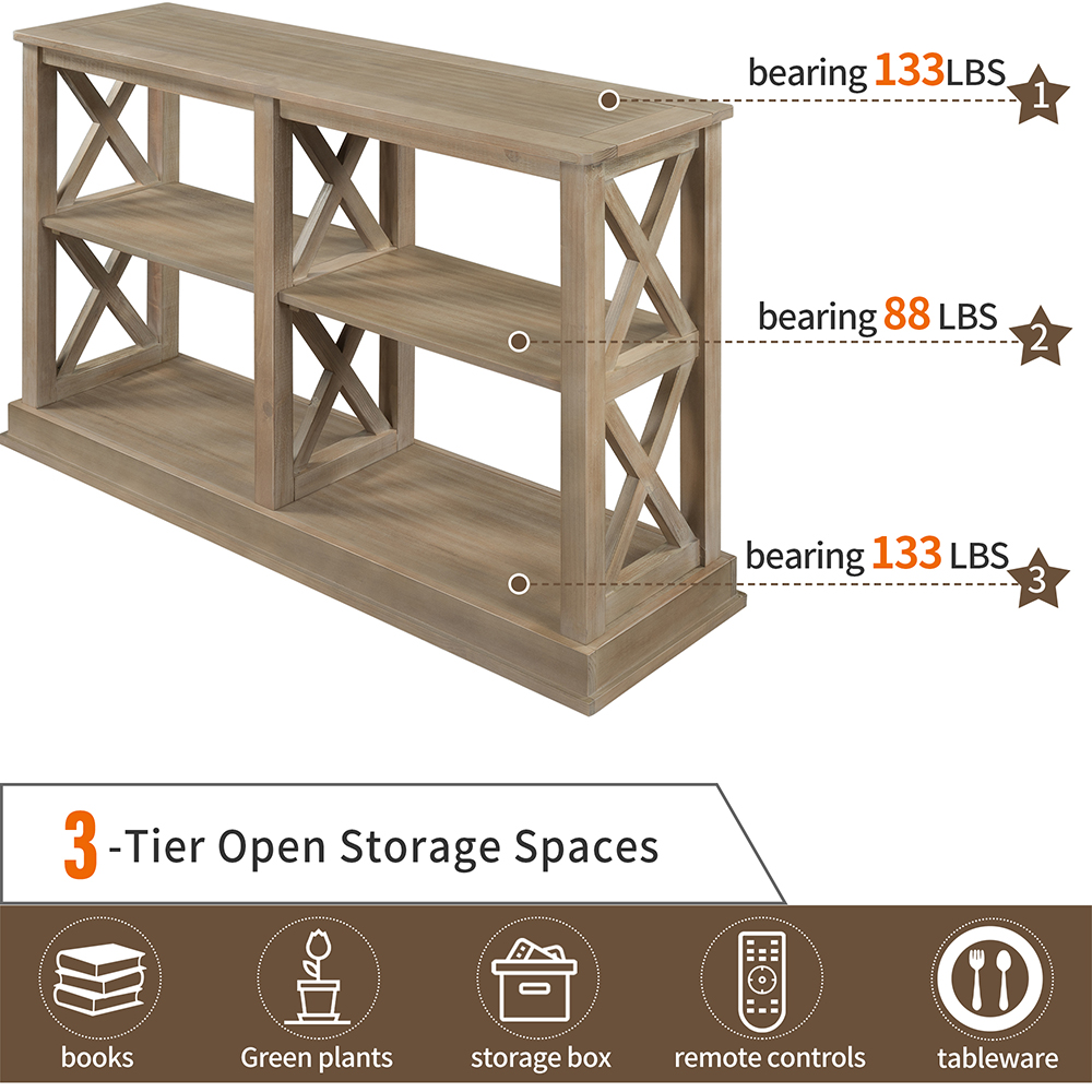 TREXM 46" Wooden Console Table with 3-Layer Open Storage Shelves, for Entrance, Hallway, Dining Room, Kitchen - White Wash