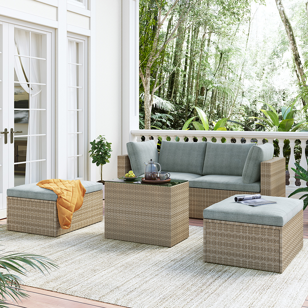 TOPMAX 5 Pieces Outdoor Rattan  Furniture Set, Including 2 Corner Chairs, 2 Ottomans, Coffee Table, and 4 Cushions, for Garden, Terrace, Porch, Poolside - Brown + Gray