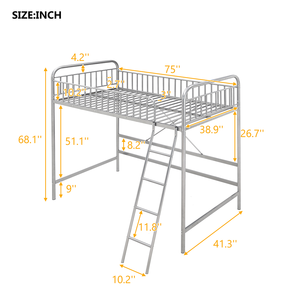 Twin-Size Loft Bed Frame with Full-length Guardrail, Ladder, and Steel Slats Support, Space-saving Design, No Box Spring Needed - Silver