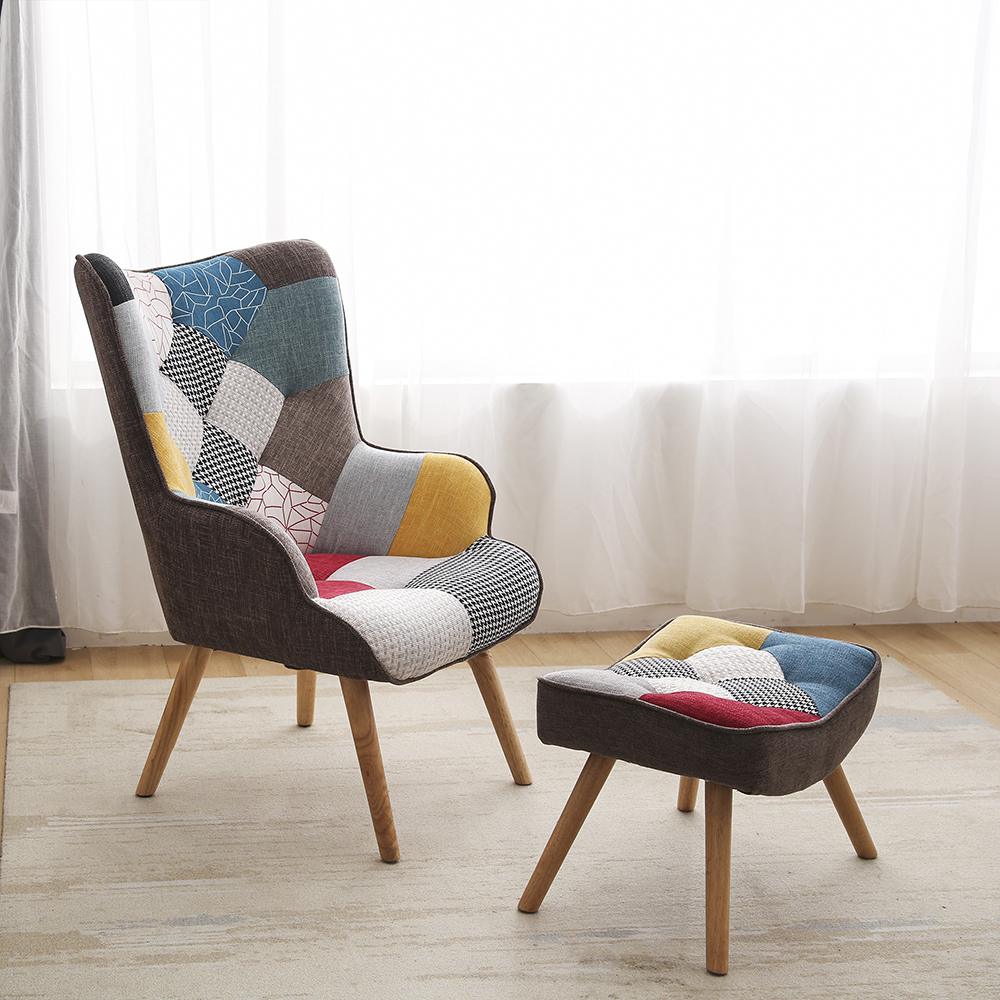 Linen Fabric Patchwork Armchair with Ottoman, and Wooden Frame, for Living Room, Bedroom, Bathroom - Colorful