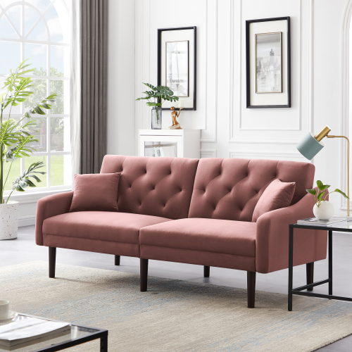 74.8" 2-Seat Velvet Upholstered Sofa Bed with 2 Pillows, and Wooden Frame, for Living Room, Bedroom, Office, Apartment - Pink