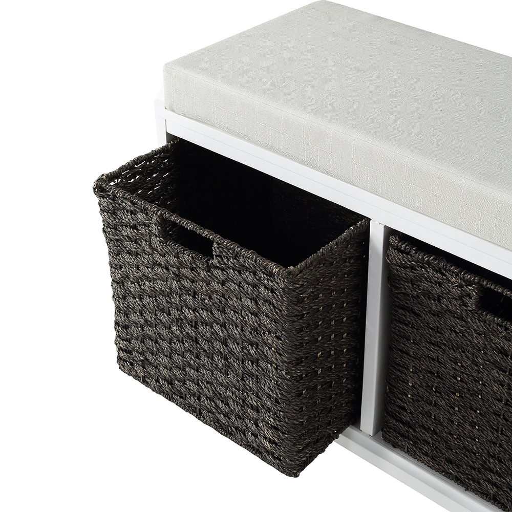 U-STYLE 31.5" Storage Bench with 2 Woven Baskets, and Wooden Frame, for Entrance, Hallway, Bedroom, Living Room - White