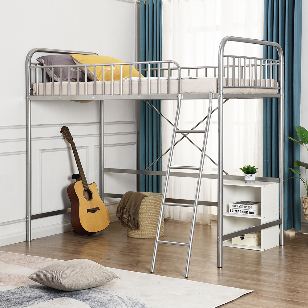 Twin-Size Loft Bed Frame with Full-length Guardrail, Ladder, and Steel Slats Support, Space-saving Design, No Box Spring Needed - Silver