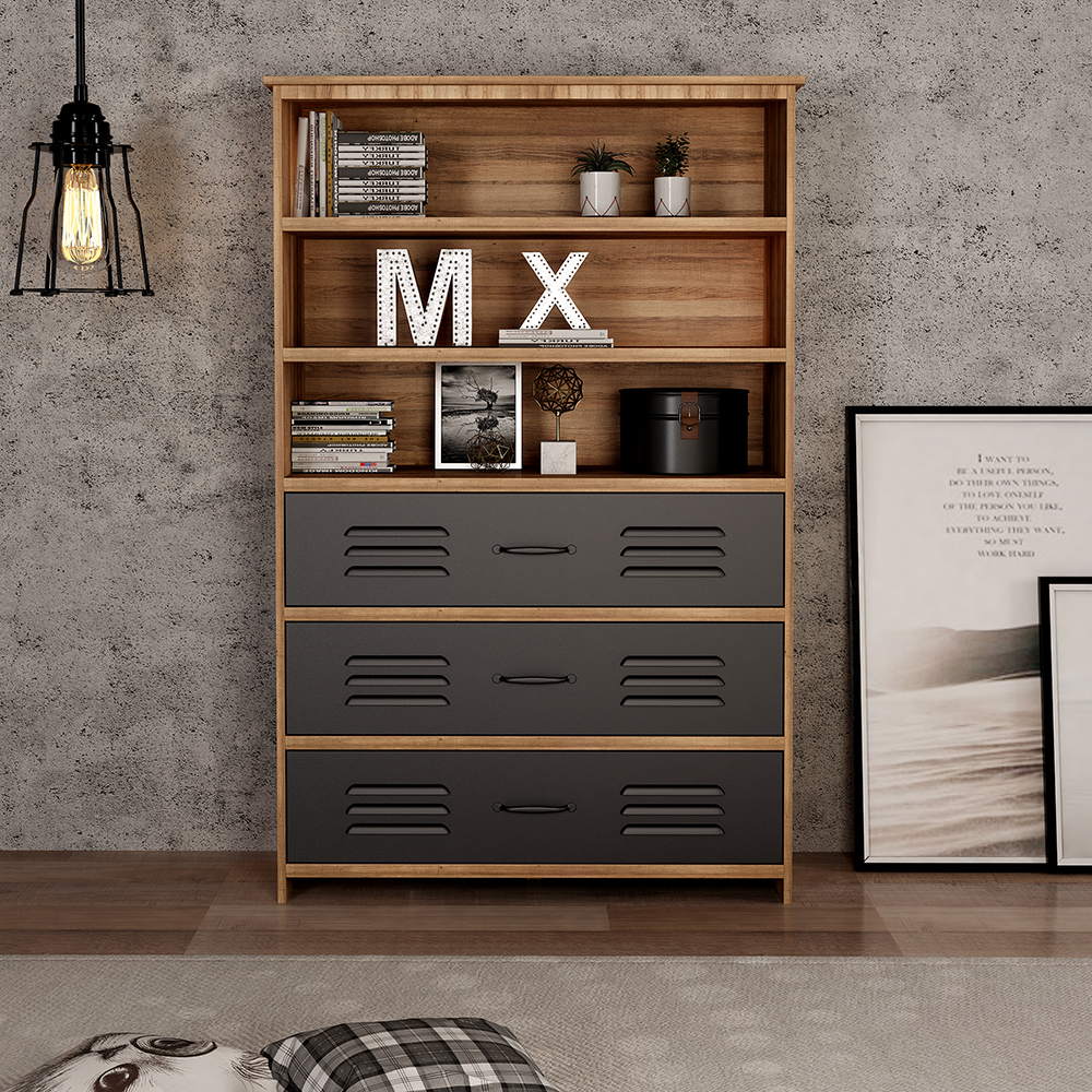 39.95" MDF Bookcase with 3 Storage Drawers and 3-layer Open Shelf, for Living Room, Bedroom, Office, Hallway - Natural