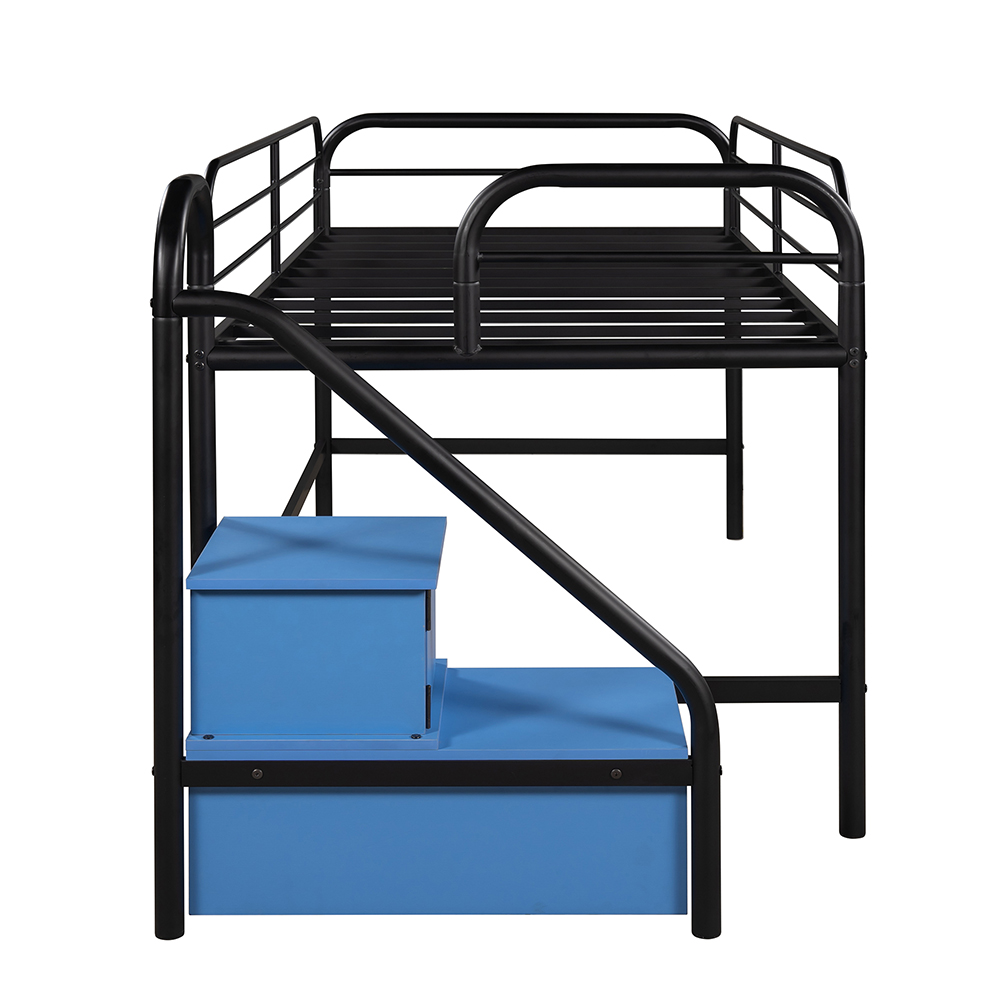 Twin-Size Loft Bed Frame with 2 Storage Stairs, and Metal Slats Support, Space-saving Design, No Box Spring Needed - Blue