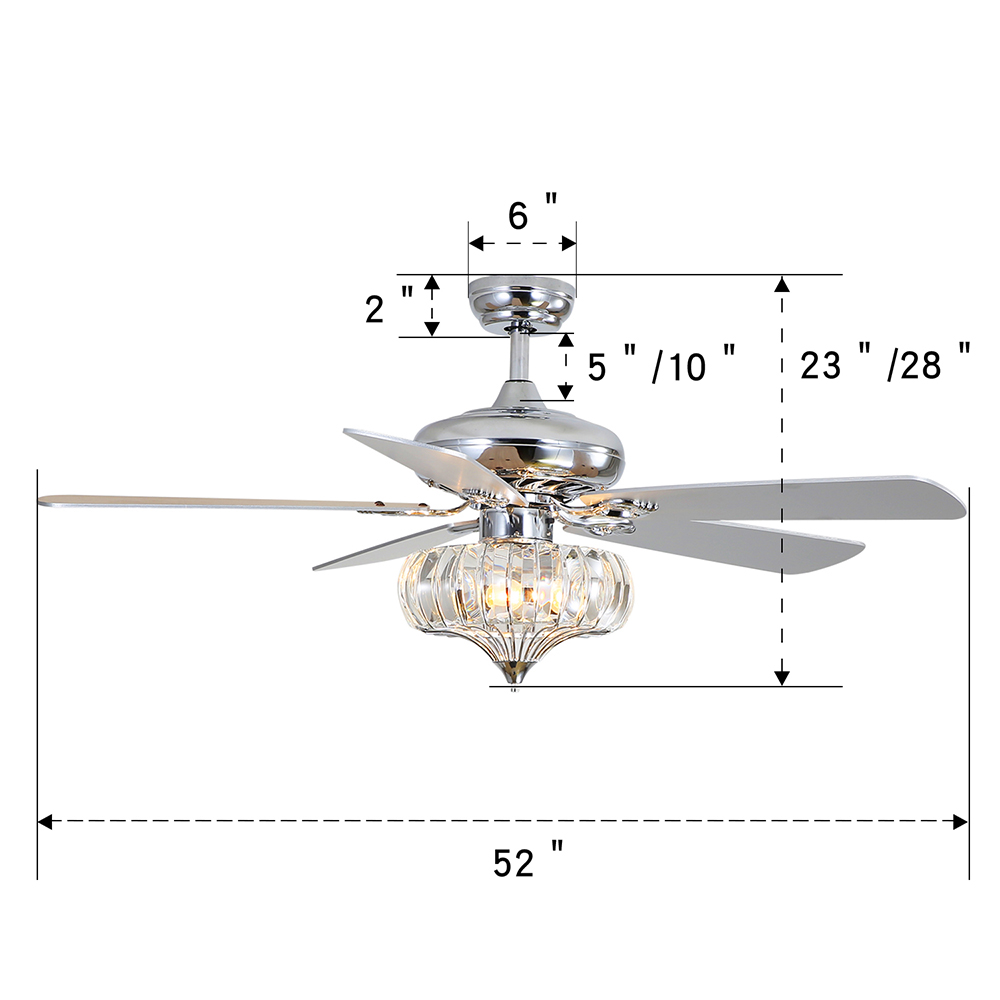 52" Metal Crystal Ceiling Fan Lamp with 5 Reversible Blades, and Remote Control, for Living Room, Bedroom, Corridor, Dining Room - Chrome