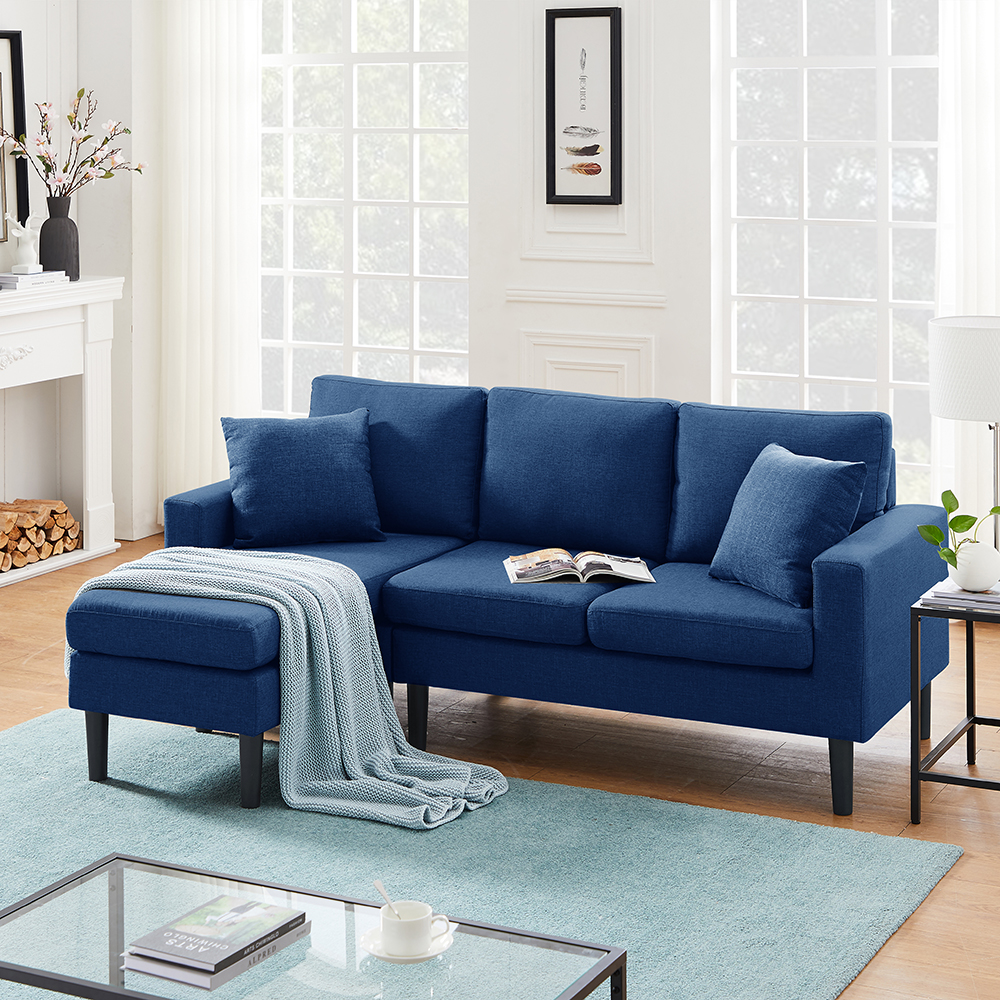 77.16" 4-Seat Polyester Blend Upholstered Sectional Sofa with Ottoman, and Wooden Frame, for Living Room, Bedroom, Office, Apartment - Navy