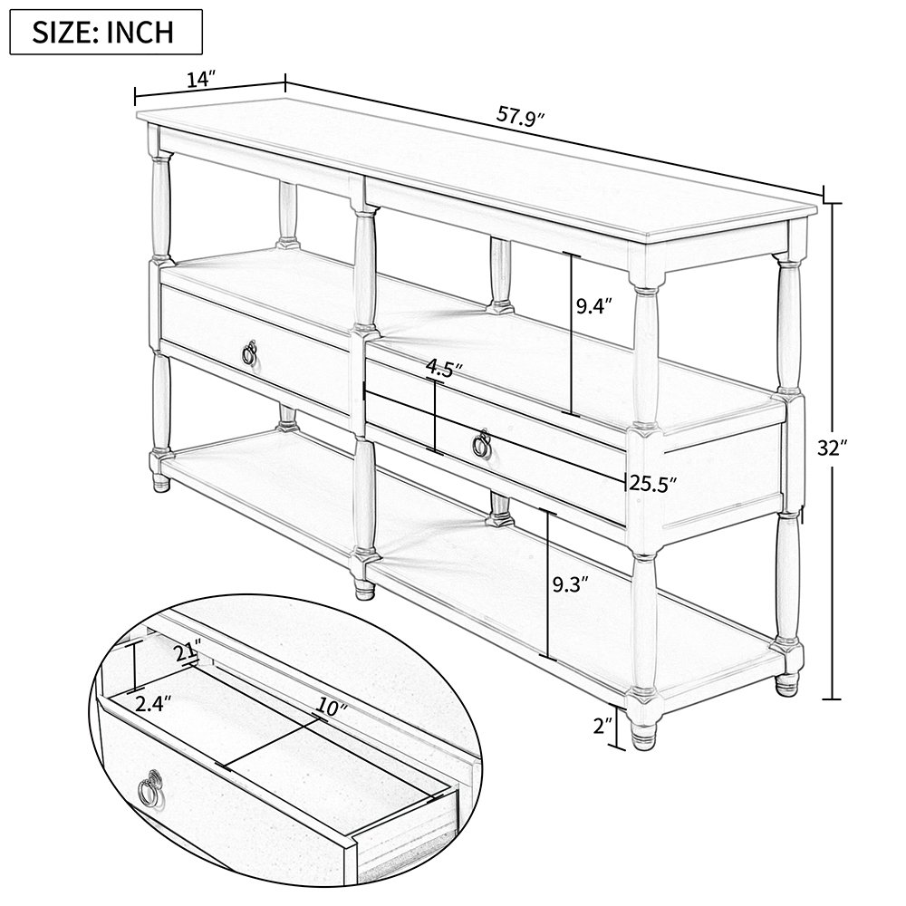 TREXM 57" Rustic Style Wooden Console Table with 2 Storage Drawers, and 3-Layer Open Shelf, for Entrance, Hallway, Dining Room, Kitchen - Gray
