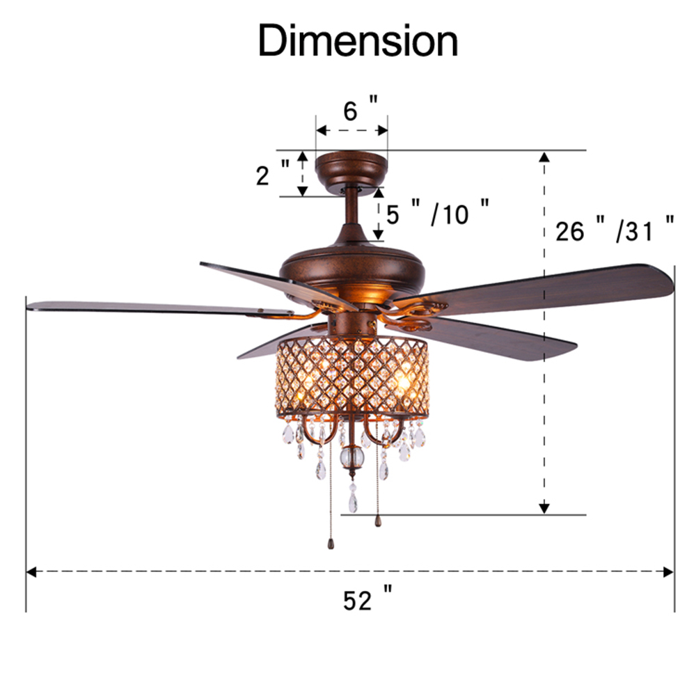 52" Metal Crystal Ceiling Fan Lamp with 5 Reversible Wood Blades, and Remote Control, for Living Room, Bedroom, Corridor, Dining Room - Rustic Brown