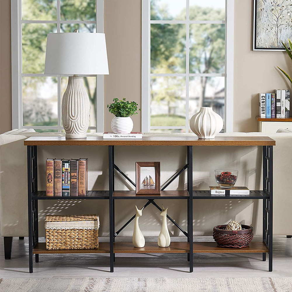 60" Industrial Vintage Console Table with 3-Layer Storage Shelf, for Entrance, Hallway, Dining Room, Kitchen - Brown