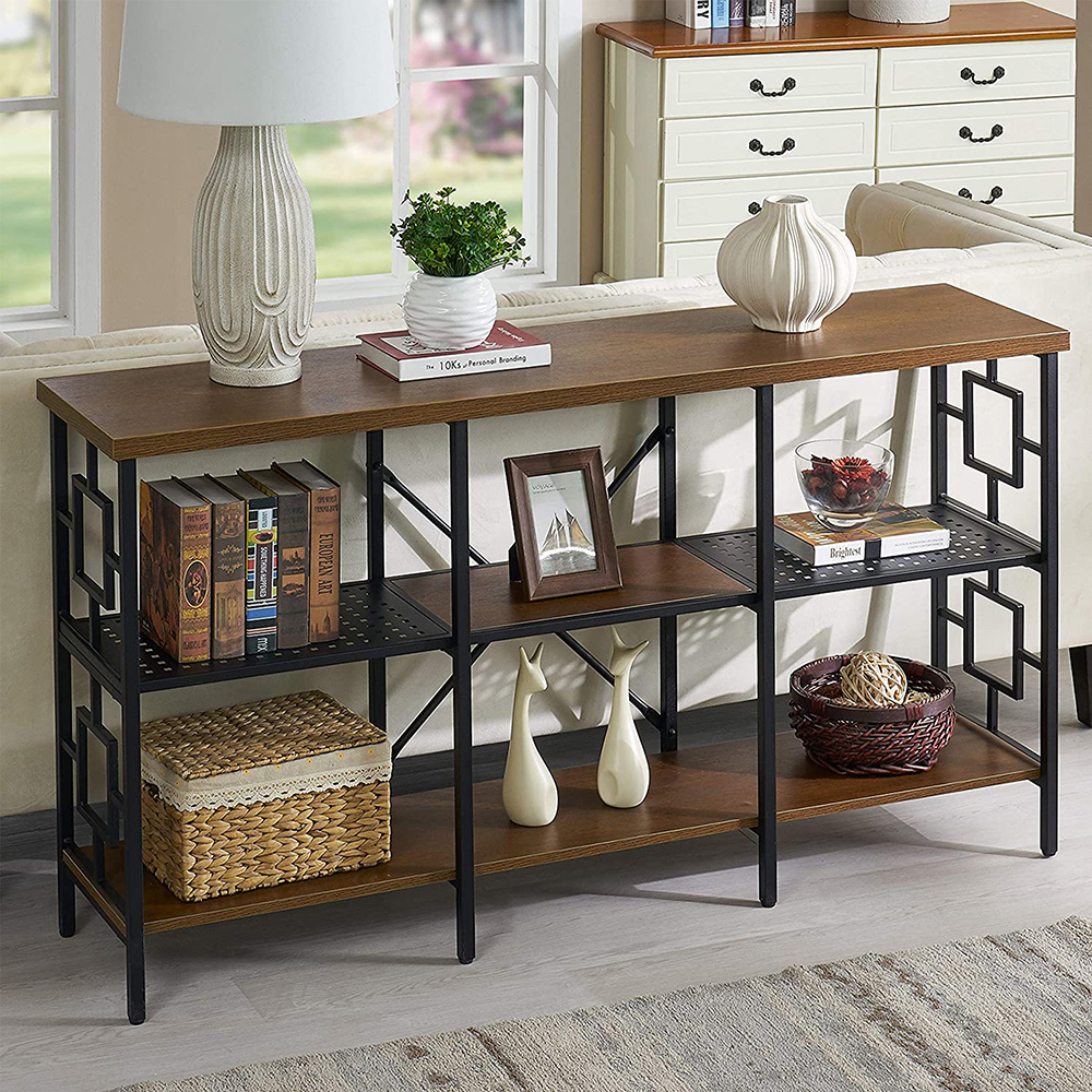 60" Industrial Vintage Console Table with 3-Layer Storage Shelf, for Entrance, Hallway, Dining Room, Kitchen - Brown