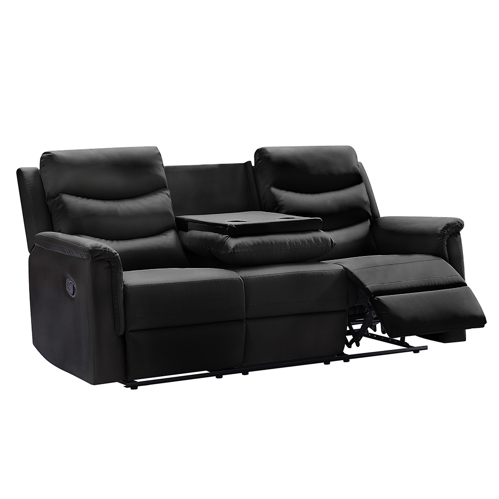 77.5" 3-Seat PU Leather Upholstered Sofa with Storage Console, 2 Plastic Cup Holders, and Wooden Frame, for Living Room, Bedroom, Office, Apartment - Black
