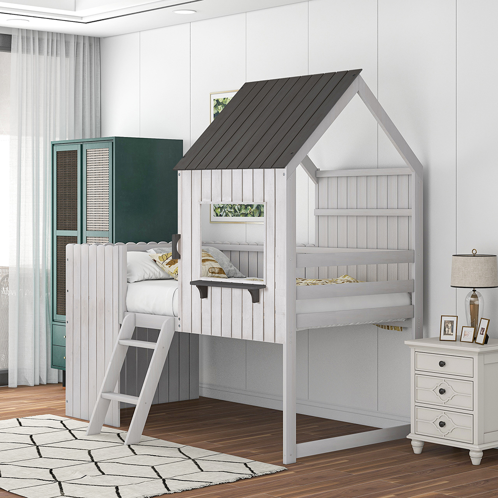 Twin-Size House-Shaped Loft Bed Frame with Ladder, and Wooden Slats Support, Space-saving Design, No Box Spring Needed - White