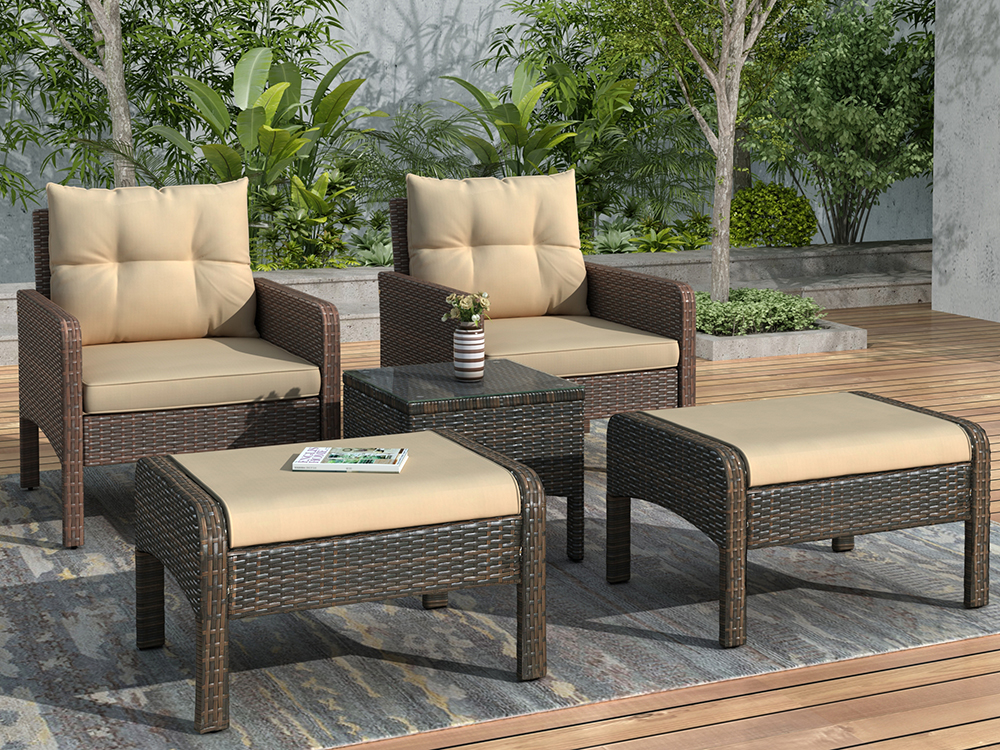 TOPMAX 5 Pieces Outdoor Wooden Furniture Set, Including 2 Chairs, 2 Ottomans, and Coffee Table, for Garden, Terrace, Porch, Poolside - Brown