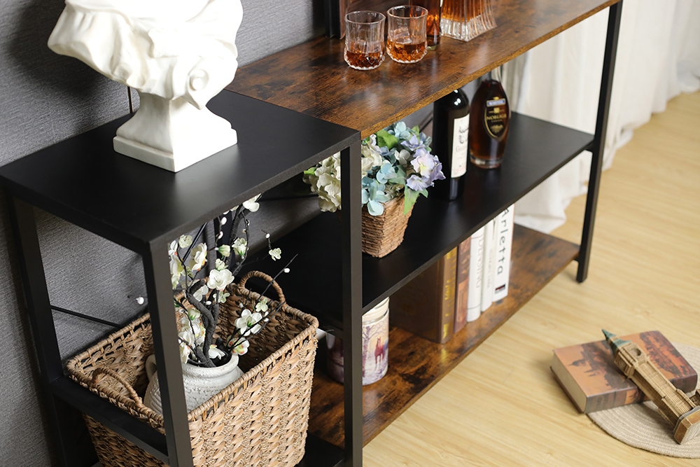 52" Console Table with Wooden Tabletop and Metal Frame, for Entrance, Hallway, Dining Room, Kitchen - Black + Brown