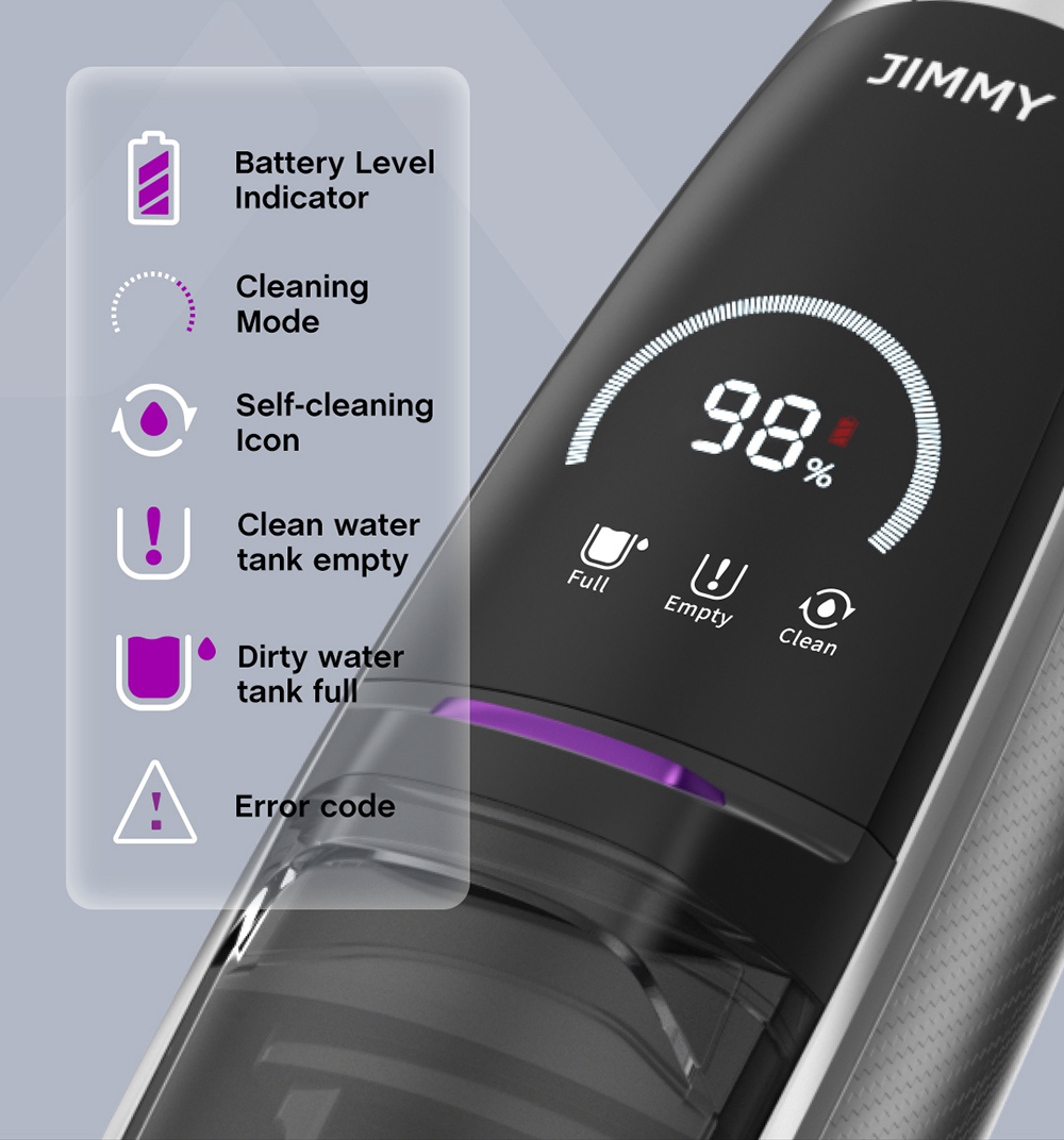 JIMMY PowerWash HW8Proコードレスドライウェットスマート掃除機クリーナー15000paブラシレスデジタルモーター3000mAh35分実行時間インスタントドライワンタッチセルフクリーニングLEDディスプライ取り外し可能な水タンク交換可能なバッテリーパック-紫