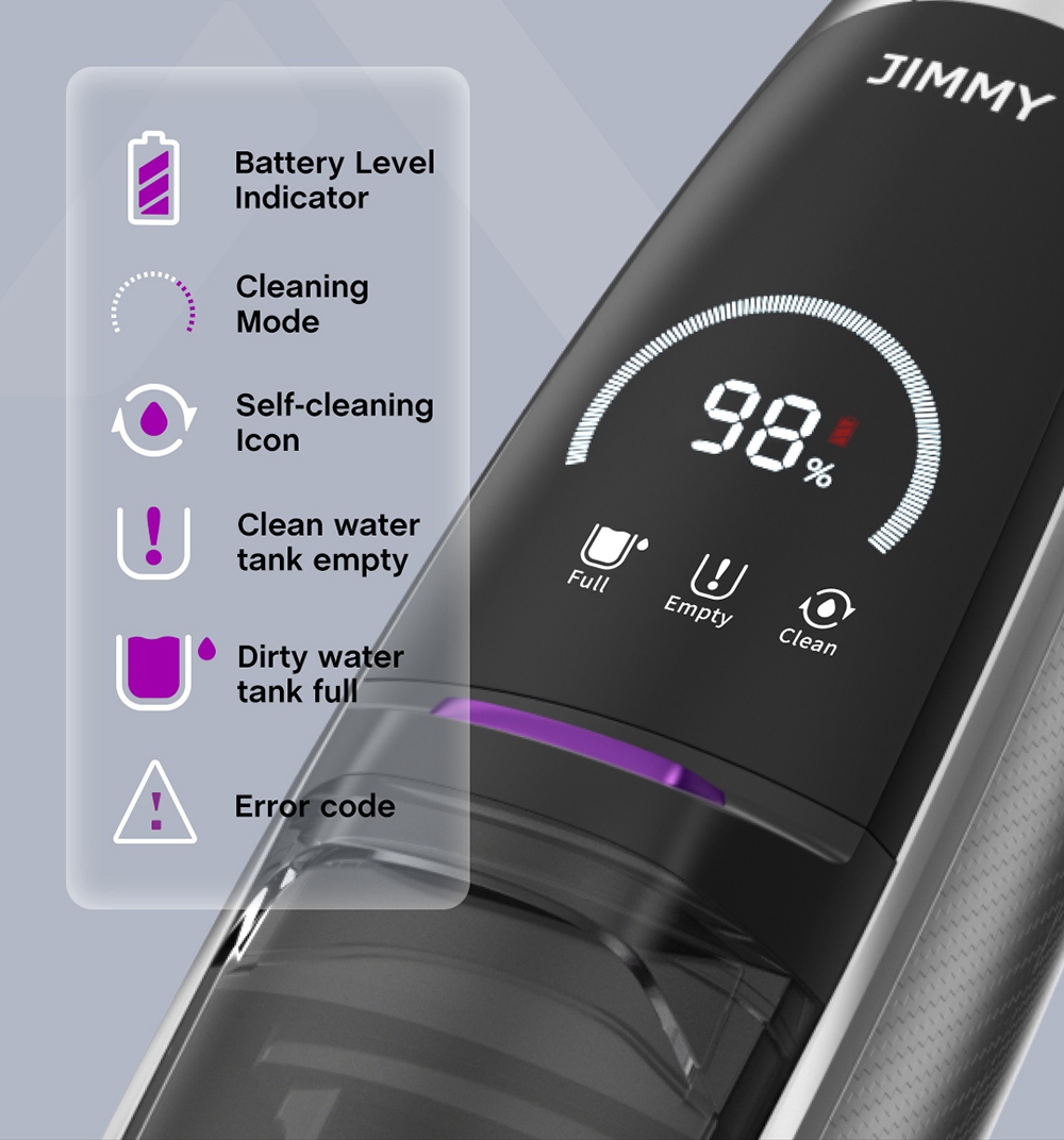 JIMMY PowerWash HW8 Pro Cordless Dry Wet Smart Vacuum Washer Cleaner 15000pa Brushless Digital Motor 3000mAh 35Mins Run Time Instantly Dry One-Touch Self-Cleaning LED Disply Detachable Water Tank Replaceable Battery Pack- Purple