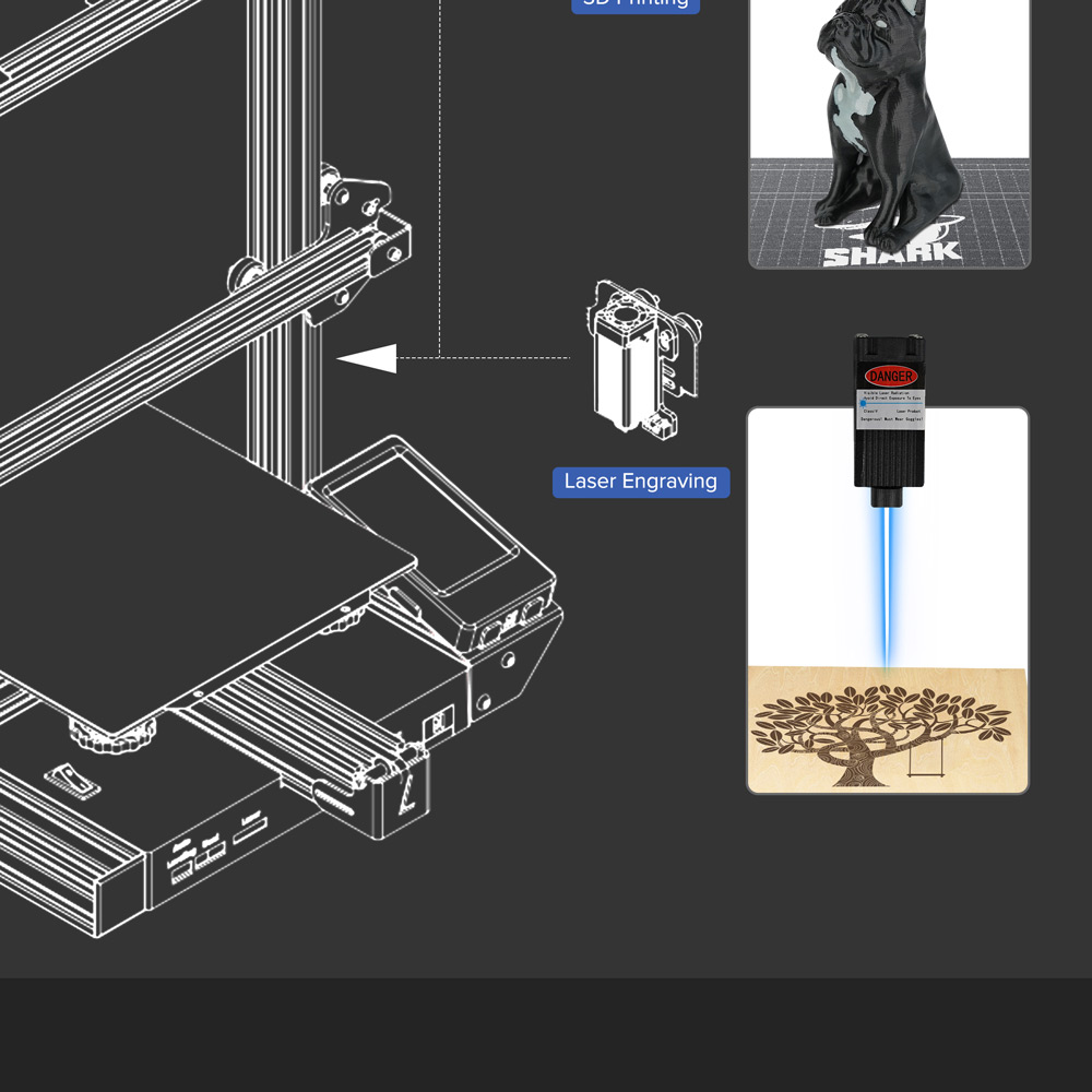 LOTMAXX Shark V2 3D Printer, Dual Extruder, Laser Engraving, Dual-Color Printing - Gray