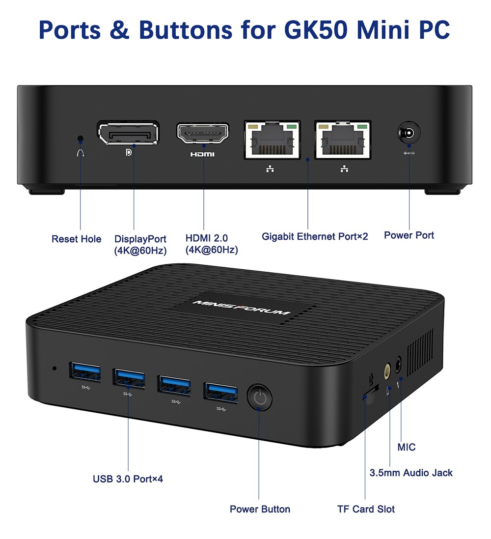 MINISFOURM GK50 Windows10 Mini PC Gemini Lake-R N5030 Quad Core 8GB RAM 128GB SSD 2.4G+5G WIFI HDMI+DP RJ45*2
