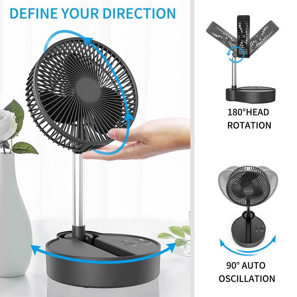 OPOLAR Portable Desktop Folding Fan 3 Wind Speeds Height and Angle Adjustable 10000mAh Battery - Black