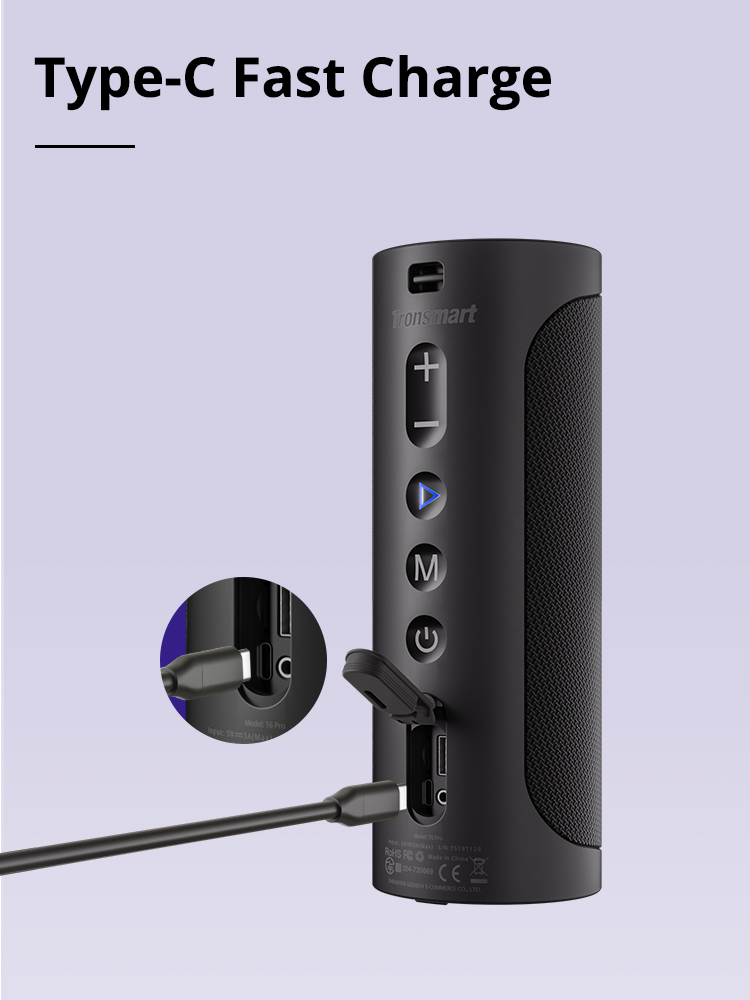 Tronsmart T6 Pro 45 Вт Bluetooth 5.0-динамик со светодиодной подсветкой IPX6 24 часа воспроизведения Type-C