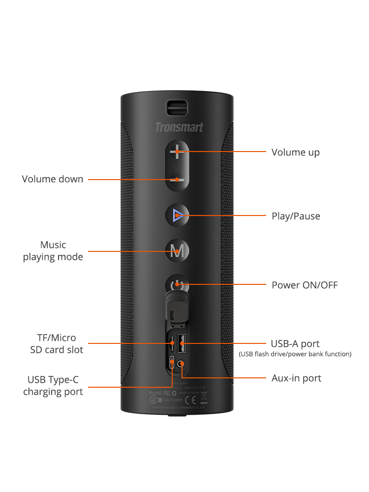 Tronsmart T6 Pro 45W Bluetooth 5.0 hangszóró LED-es lámpával, IPX6 24H, C típusú lejátszási idő