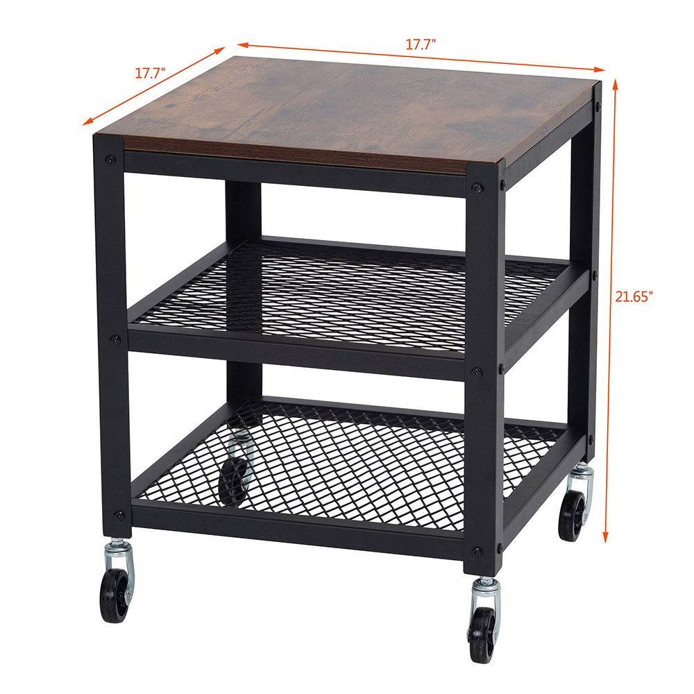 17.7" Movable Metal Coffee Table, with Wooden Tabletop, Casters, and 2-Layer Storage Shelf, for Kitchen, Restaurant, Office, Living Room, Cafe - Brown